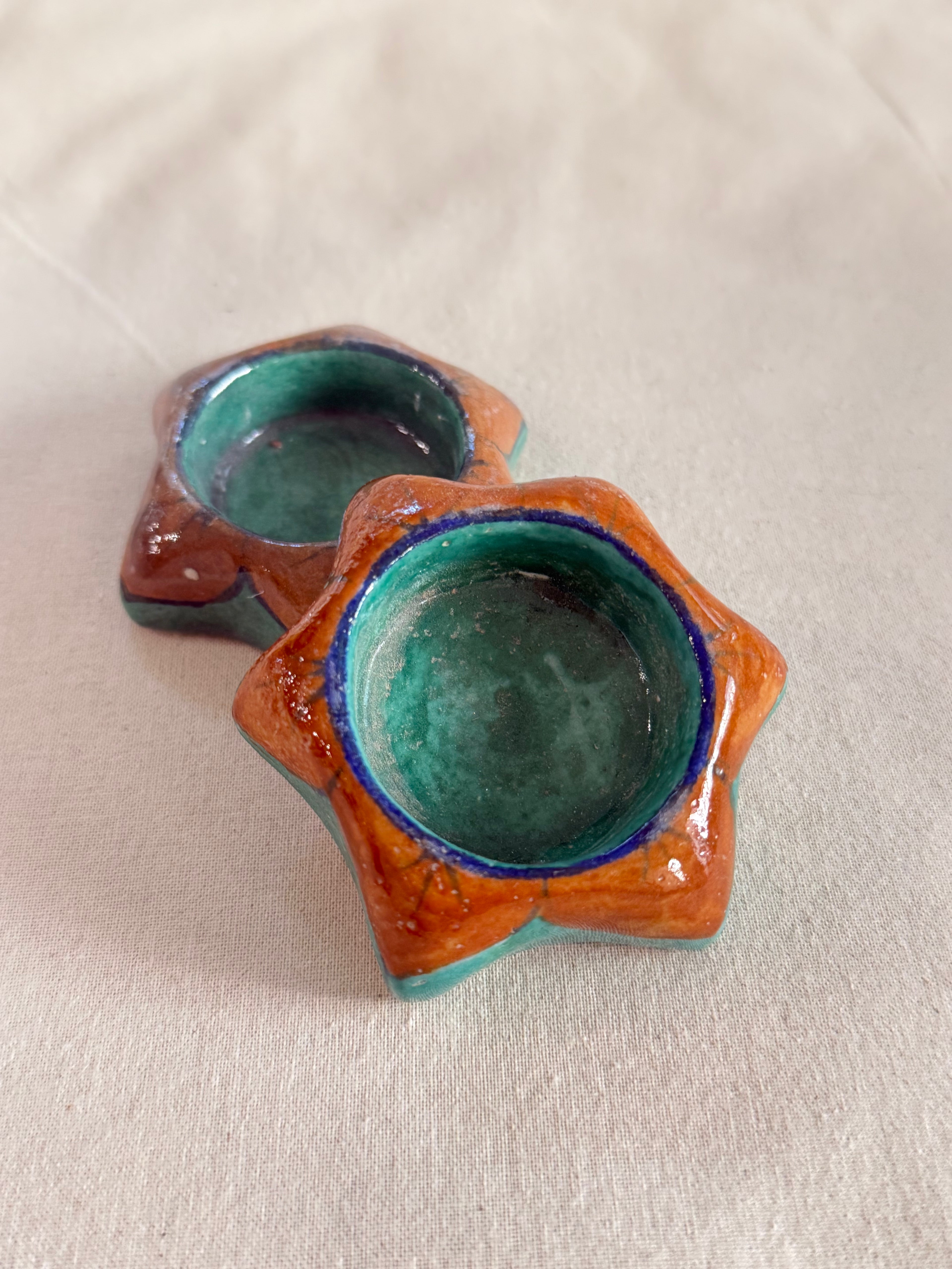 Earth Star - Blue Pottery Tea Light Holder Set of 2