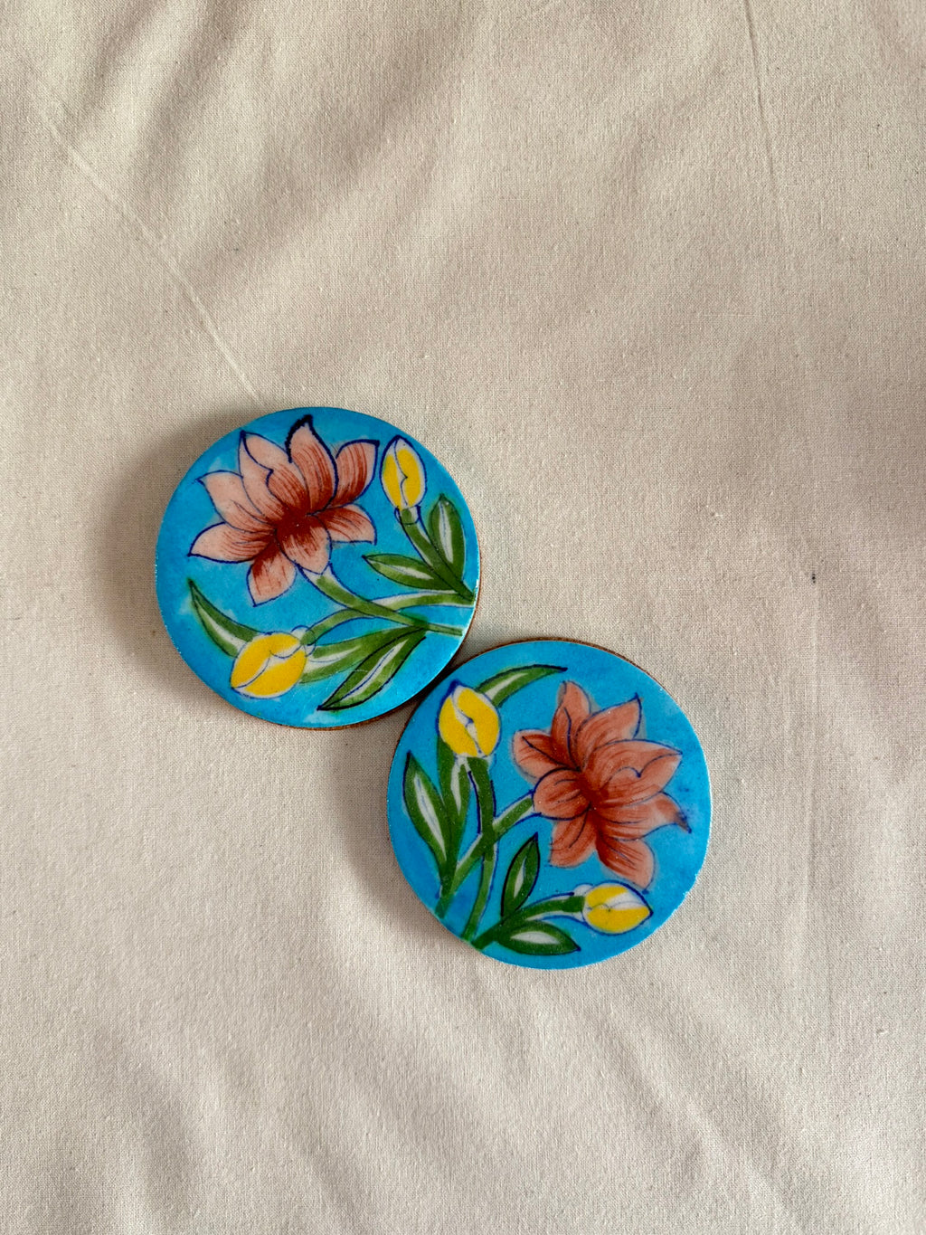 Lotus Love - Blue Pottery Coaster Pair