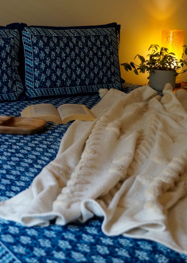 Foundation Edit Bagru Heritage hand-block printed South Cotton bedsheet set by DewDropHues, featuring an earthy motif design and breathable artisanal weave.