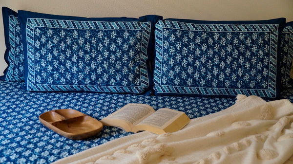 Foundation Edit Bagru Heritage hand-block printed South Cotton bedsheet set by DewDropHues, featuring an earthy motif design and breathable artisanal weave.