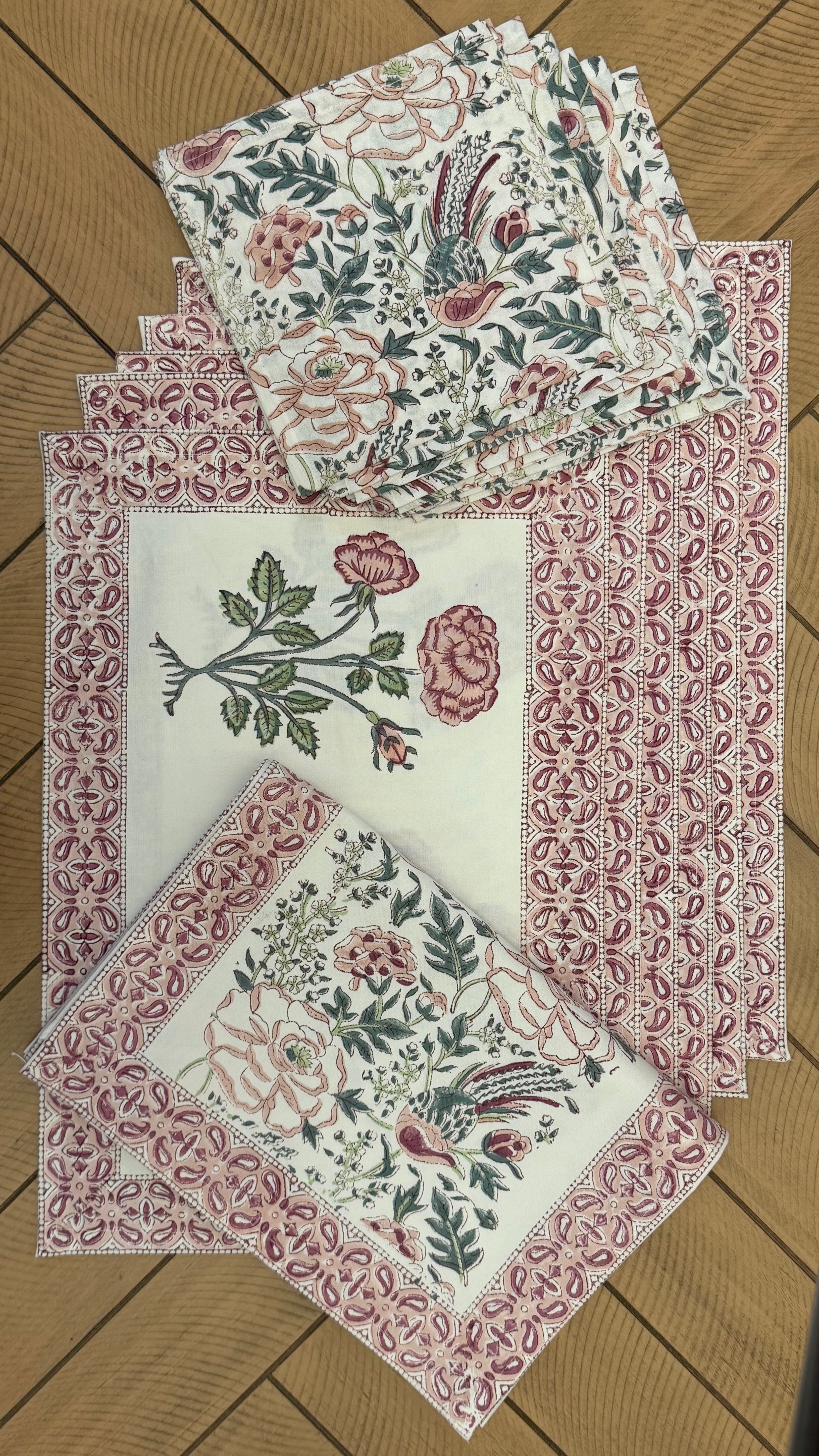 Rosey Feast Hand-Block Printed Cotton Table Runner Set (13-Piece)