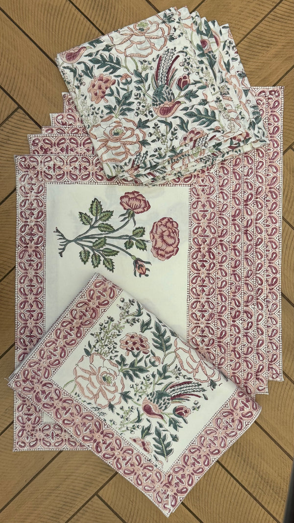 Rosey Feast Hand-Block Printed Cotton Table Runner Set (13-Piece)