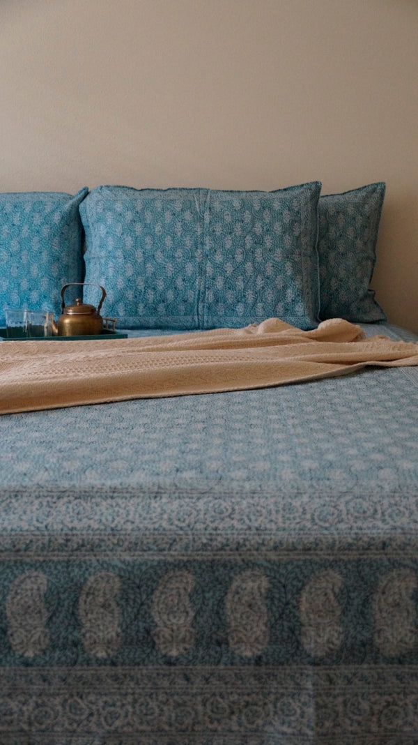 Foundation Edit Polki Print hand-block printed South Cotton bedsheet set by DewDropHues, featuring a jewelry-inspired geometric design and breathable heritage weave.