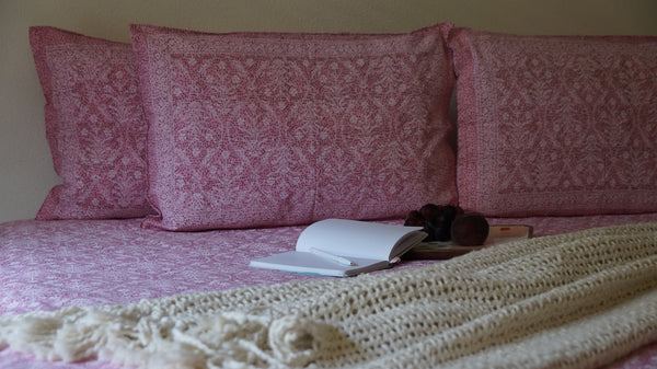 Foundation Edit Polki Print hand-block printed South Cotton bedsheet set by DewDropHues, featuring a jewelry-inspired geometric design and breathable heritage weave.