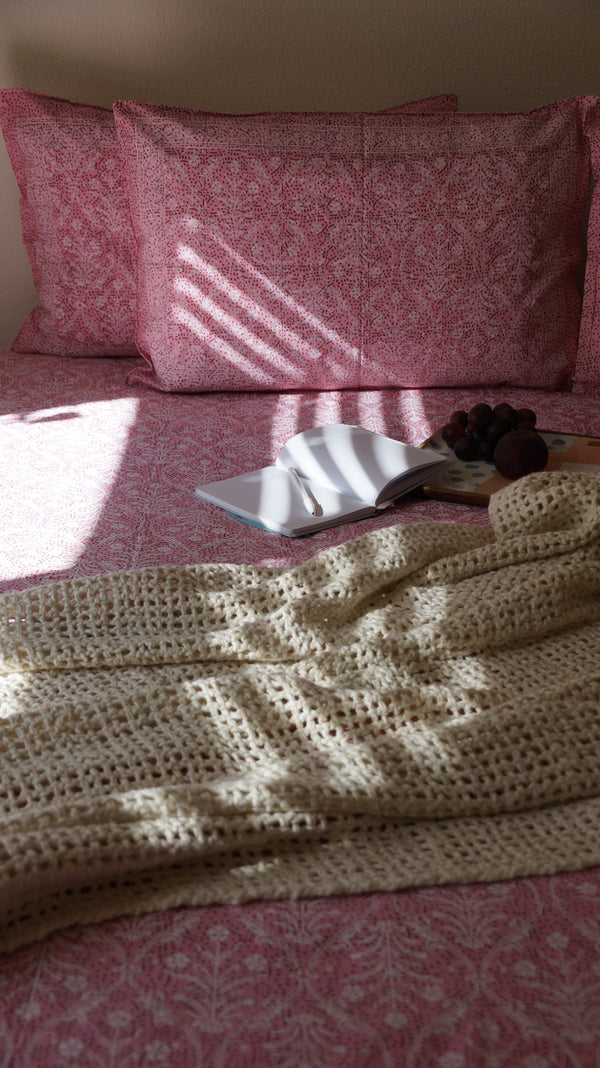 Foundation Edit Polki Print hand-block printed South Cotton bedsheet set by DewDropHues, featuring a jewelry-inspired geometric design and breathable heritage weave.