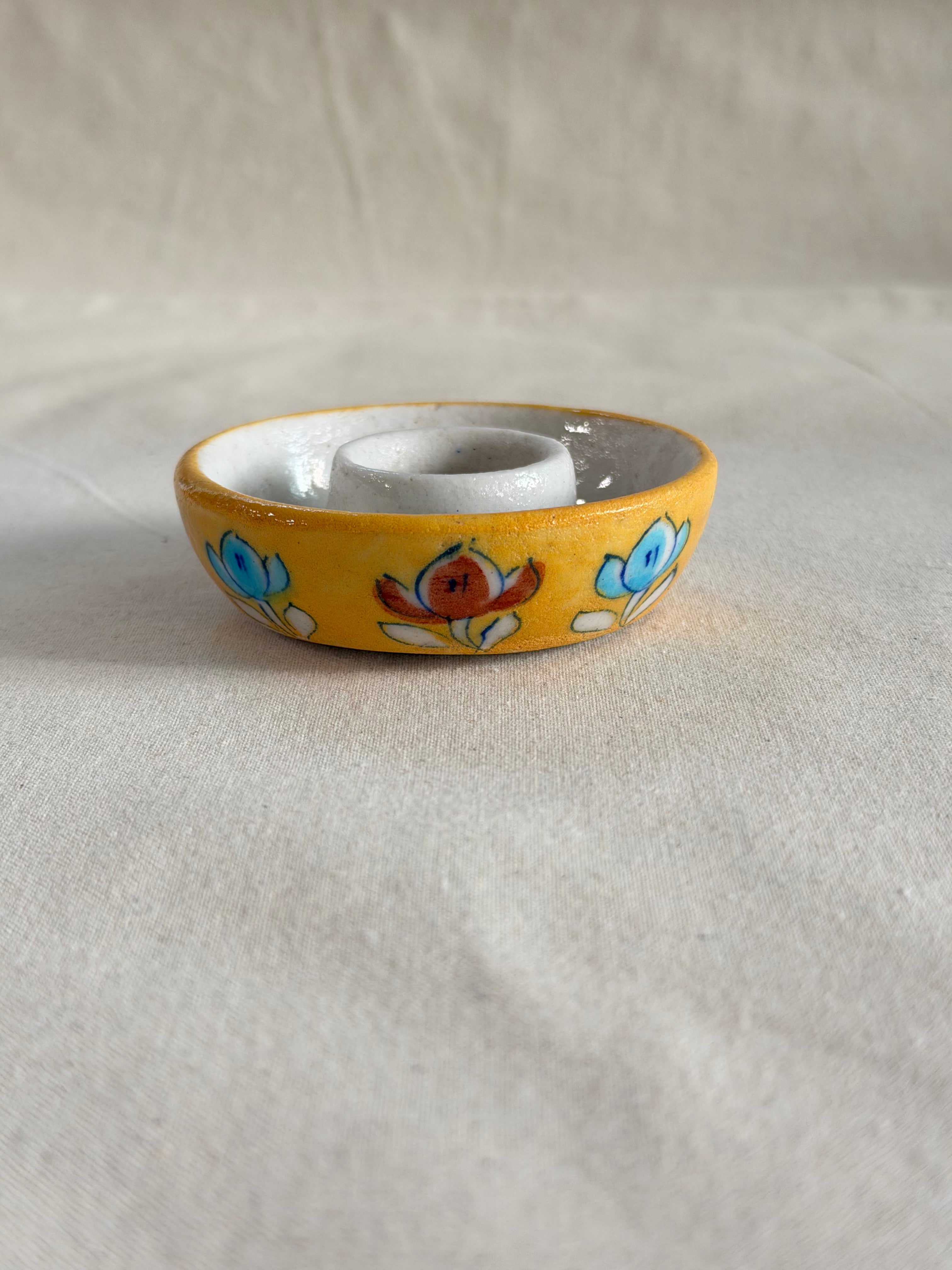 Sunlit Lotus - Blue Pottery Candle Holder