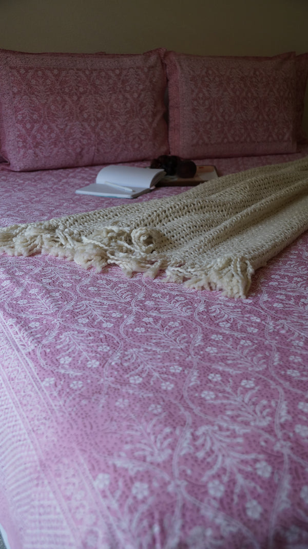 Foundation Edit Polki Print hand-block printed South Cotton bedsheet set by DewDropHues, featuring a jewelry-inspired geometric design and breathable heritage weave.