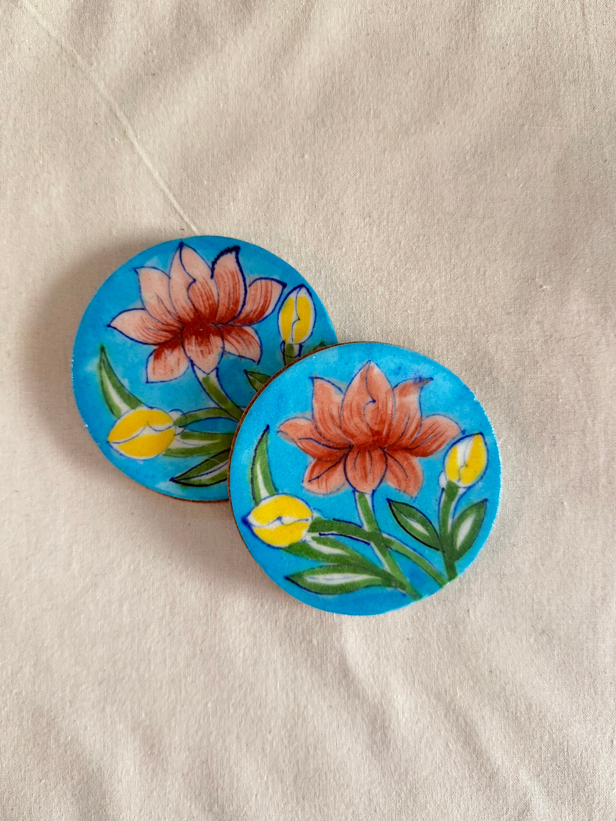 Lotus Love - Blue Pottery Coaster Pair