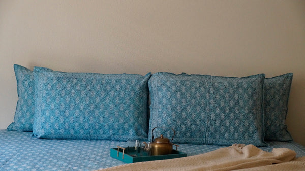 Foundation Edit Polki Print hand-block printed South Cotton bedsheet set by DewDropHues, featuring a jewelry-inspired geometric design and breathable heritage weave.