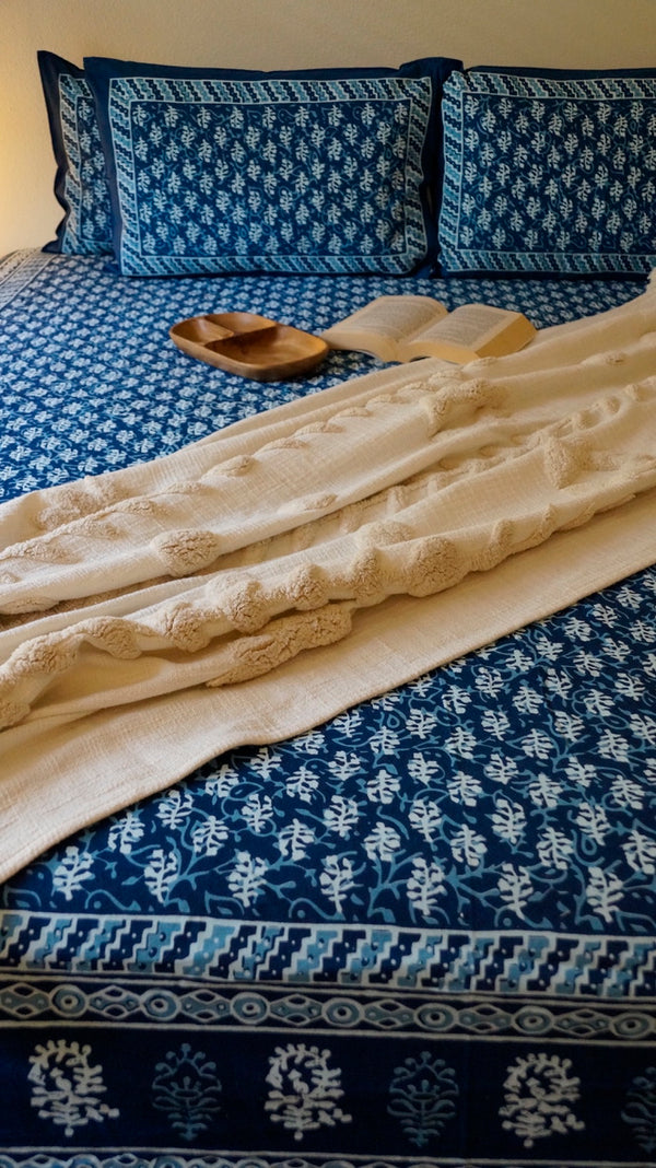Foundation Edit Bagru Heritage hand-block printed South Cotton bedsheet set by DewDropHues, featuring an earthy motif design and breathable artisanal weave.