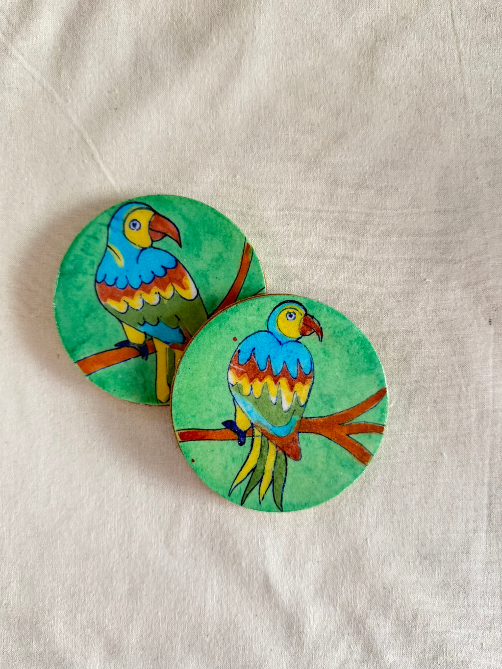Perky Parrot - Blue Pottery Coaster Pair