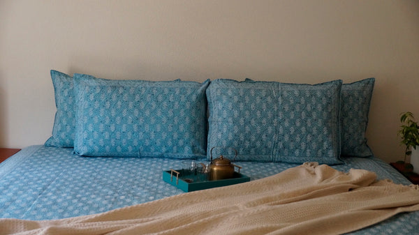 Foundation Edit Polki Print hand-block printed South Cotton bedsheet set by DewDropHues, featuring a jewelry-inspired geometric design and breathable heritage weave.