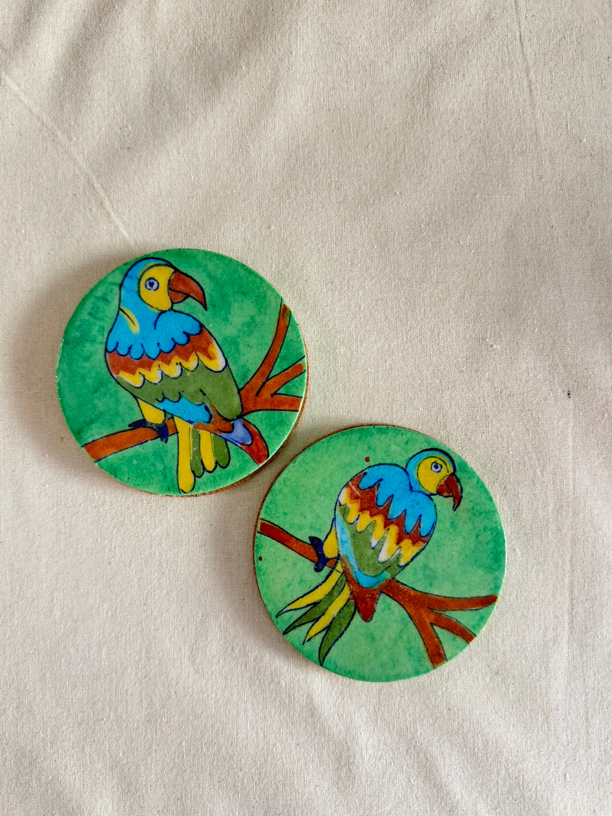 Perky Parrot - Blue Pottery Coaster Pair