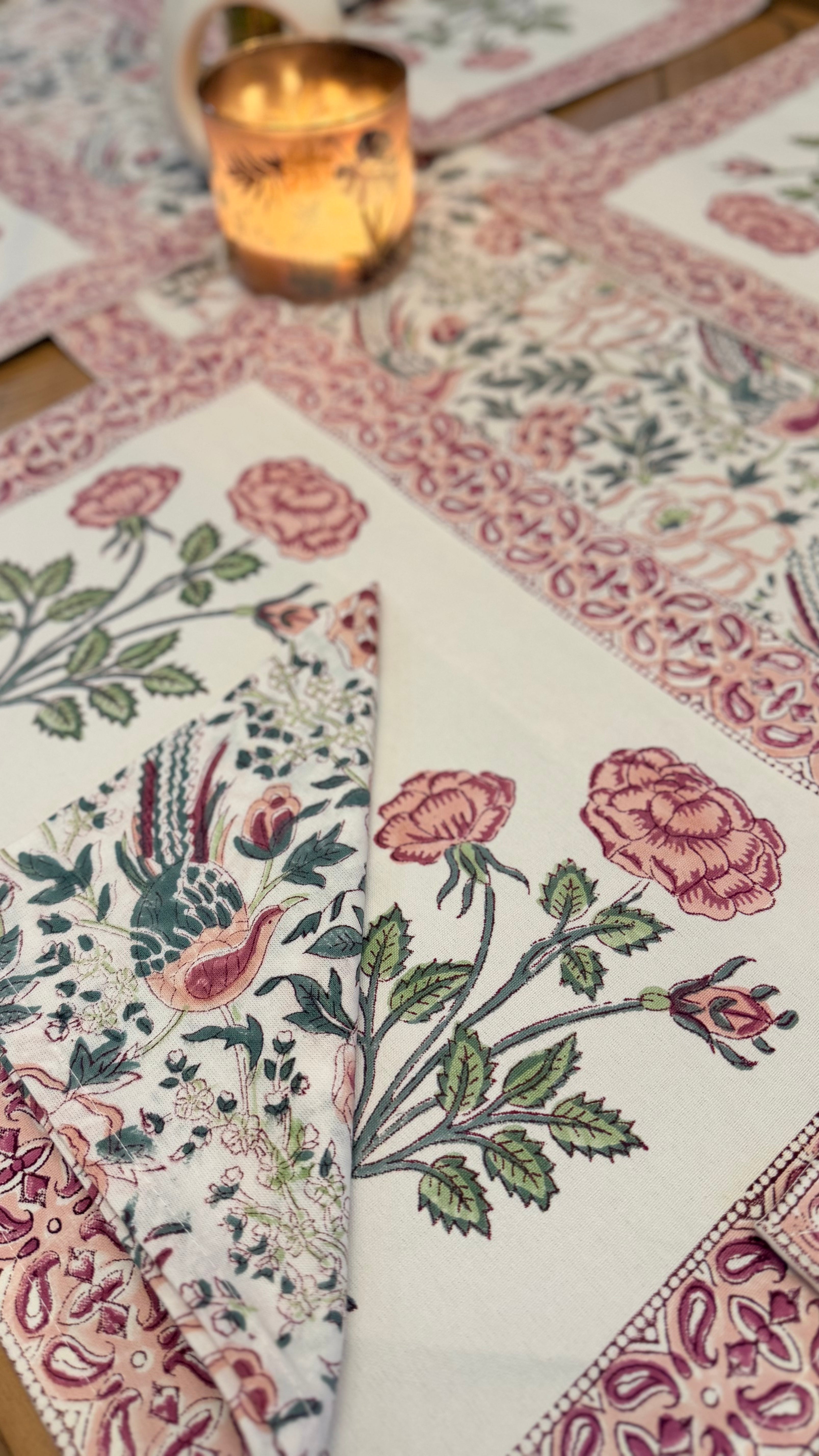 Rosey Feast Hand-Block Printed Cotton Table Runner Set (13-Piece)