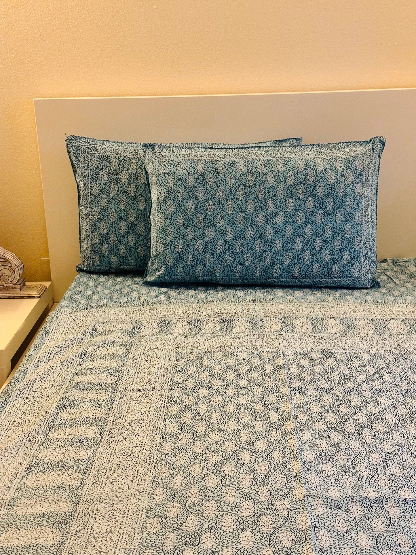 Foundation Edit Polki Print hand-block printed South Cotton bedsheet set by DewDropHues, featuring a jewelry-inspired geometric design and breathable heritage weave.