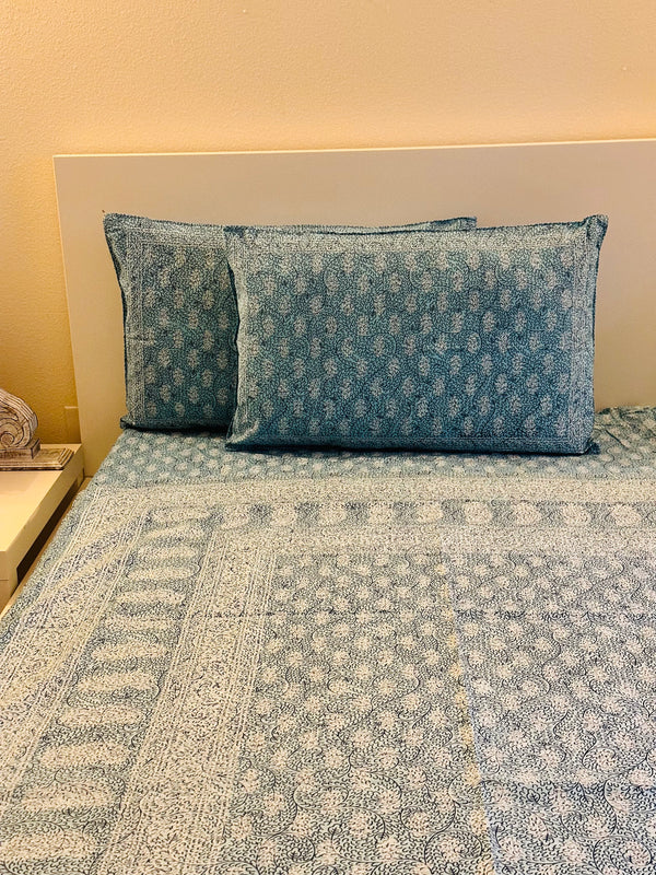 Foundation Edit Polki Print hand-block printed South Cotton bedsheet set by DewDropHues, featuring a jewelry-inspired geometric design and breathable heritage weave.