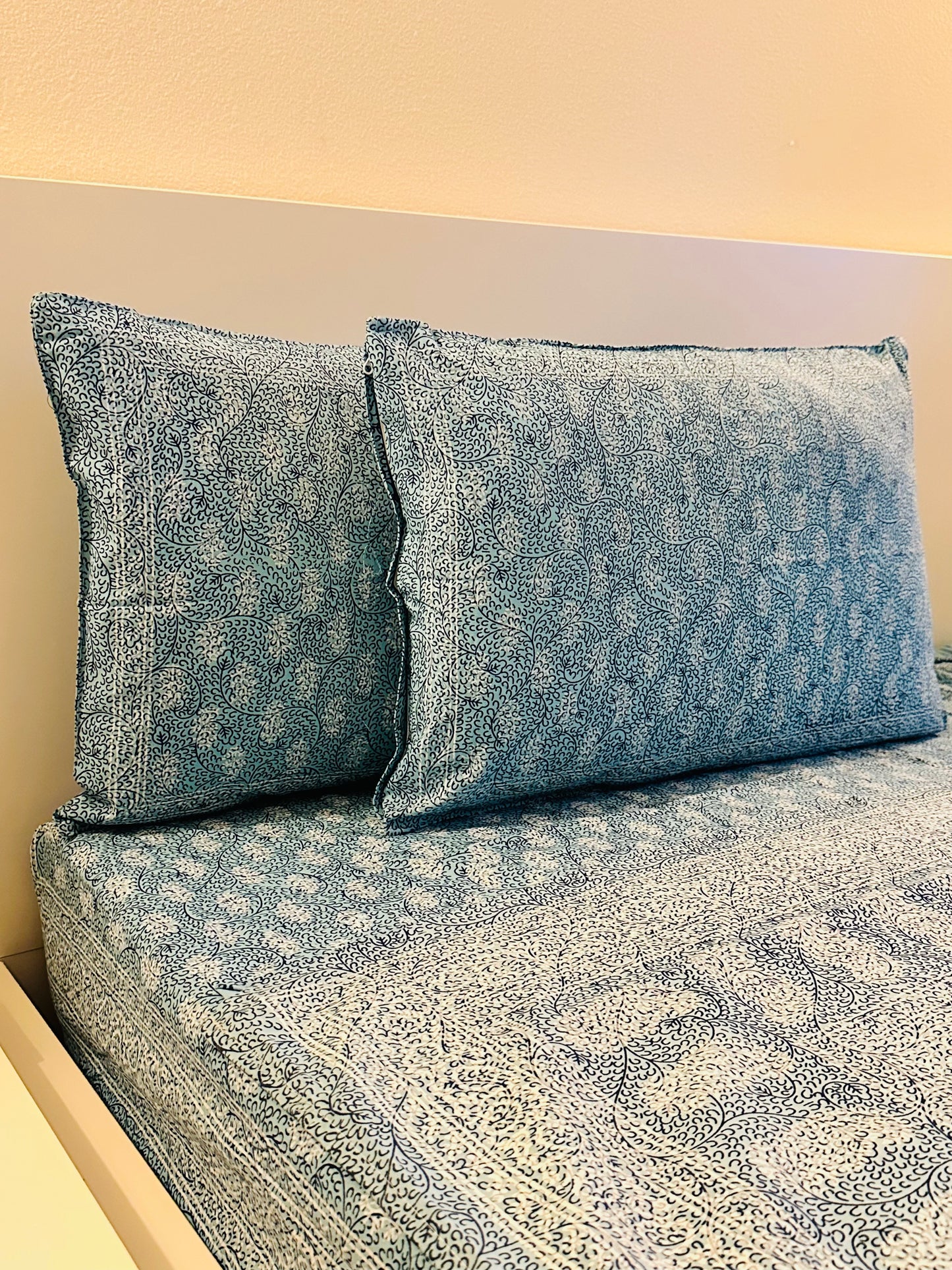 Foundation Edit Polki Print hand-block printed South Cotton bedsheet set by DewDropHues, featuring a jewelry-inspired geometric design and breathable heritage weave.