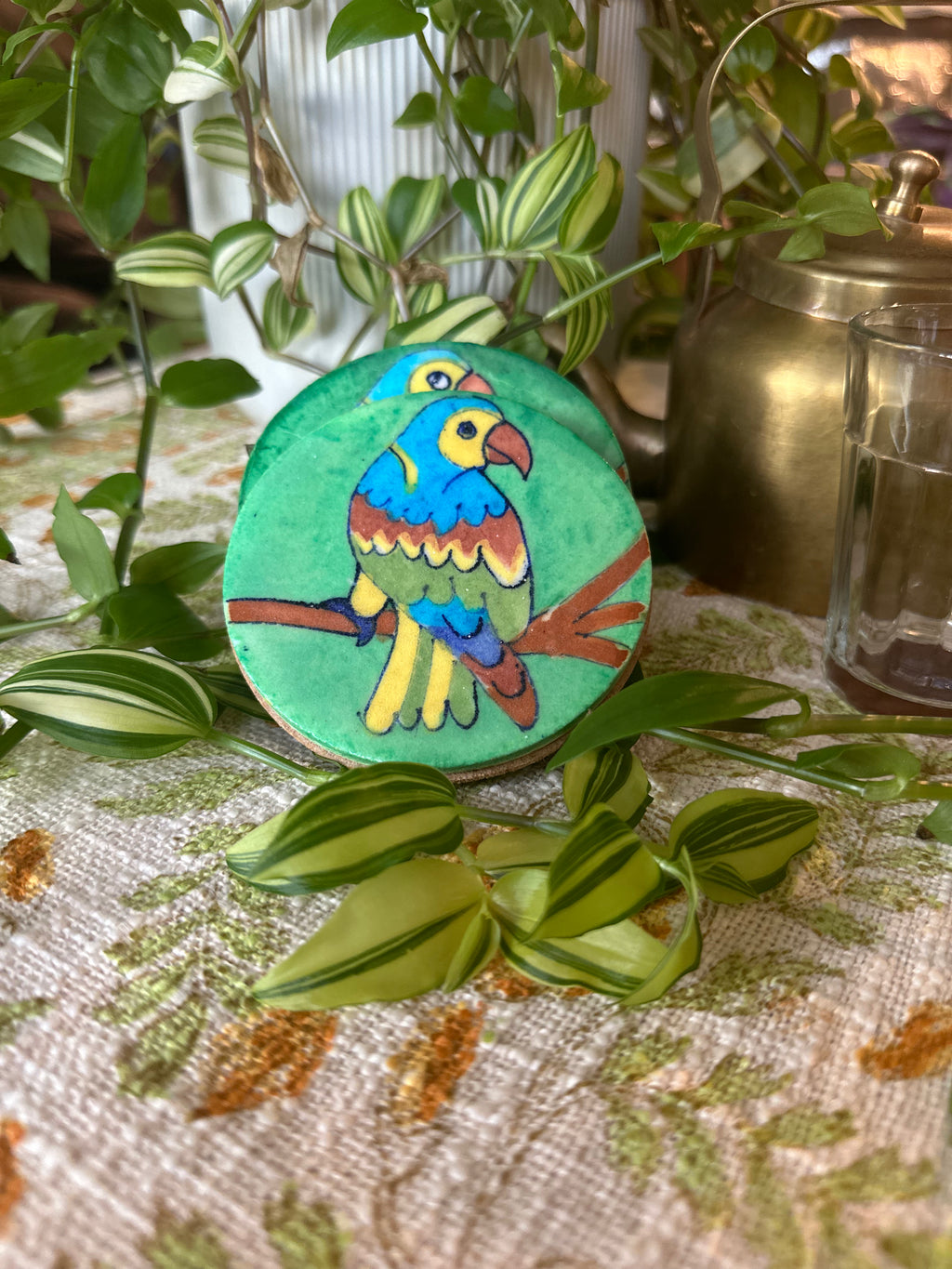 Perky Parrot - Blue Pottery Coaster Pair