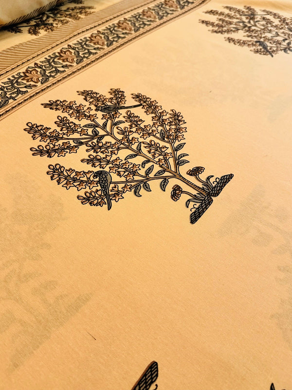 Foundation Edit Parrot Perch hand-block printed South Cotton bedsheet set by DewDropHues, featuring an intricate tree and parrot motif and breathable heritage weave.