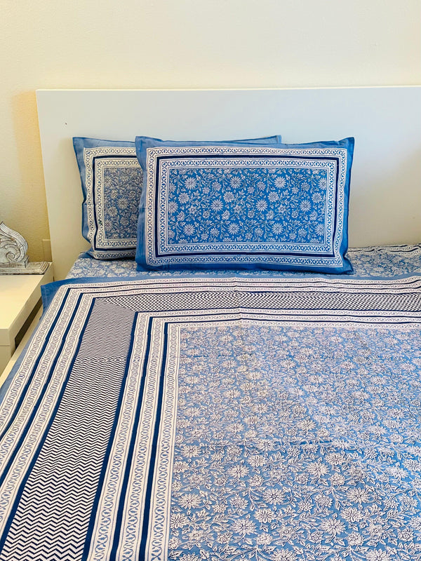 Foundation Edit Bagru Heritage hand-block printed South Cotton bedsheet set by DewDropHues, featuring an earthy motif design and breathable artisanal weave.