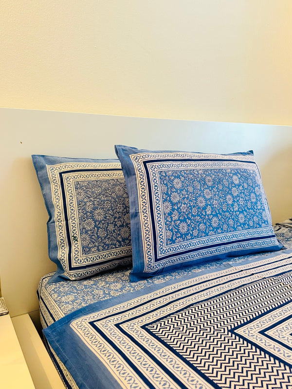 Foundation Edit Bagru Heritage hand-block printed South Cotton bedsheet set by DewDropHues, featuring an earthy motif design and breathable artisanal weave.