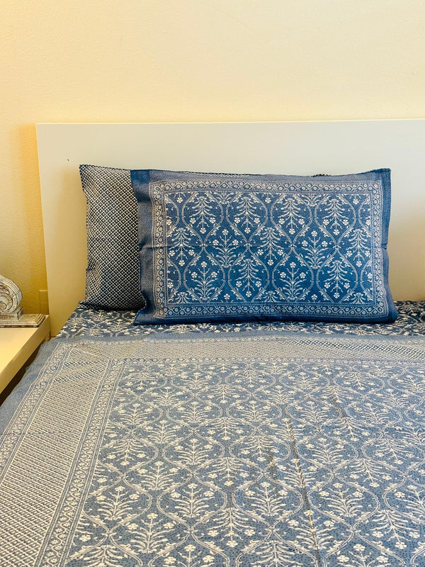 Foundation Edit Bagru Heritage hand-block printed South Cotton bedsheet set by DewDropHues, featuring an earthy motif design and breathable artisanal weave.