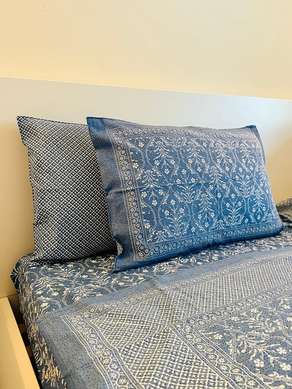 Foundation Edit Bagru Heritage hand-block printed South Cotton bedsheet set by DewDropHues, featuring an earthy motif design and breathable artisanal weave.