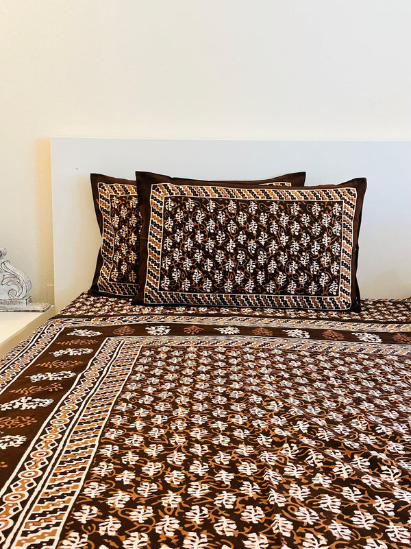 Foundation Edit Bagru Heritage hand-block printed South Cotton bedsheet set by DewDropHues, featuring an earthy motif design and breathable artisanal weave.