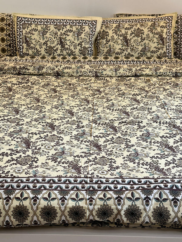 Foundation Edit Cream Paisley Vines hand-block printed South Cotton bedsheet set by DewDropHues, featuring a vintage floral design and breathable heritage weave.