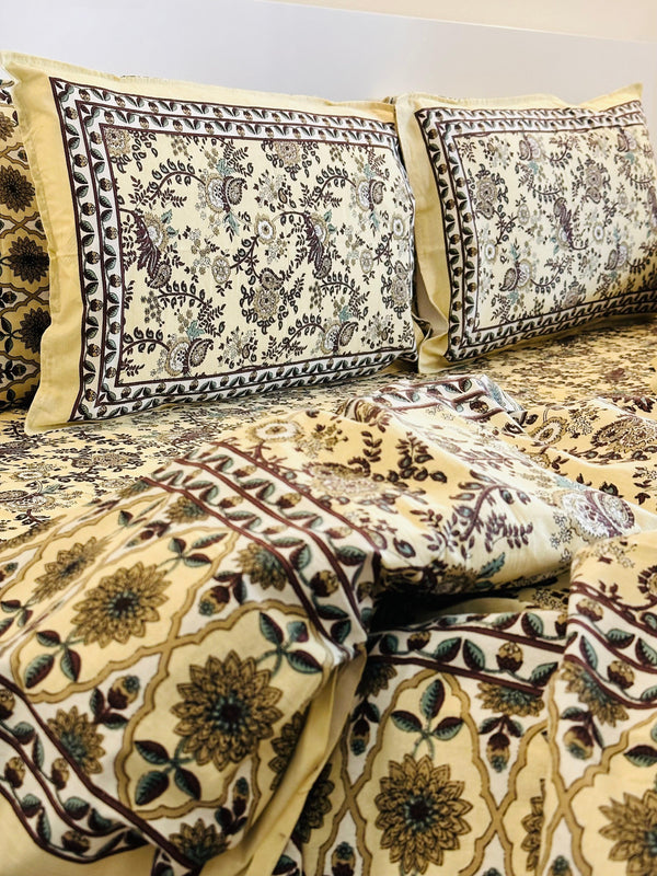 Foundation Edit Cream Paisley Vines hand-block printed South Cotton bedsheet set by DewDropHues, featuring a vintage floral design and breathable heritage weave.