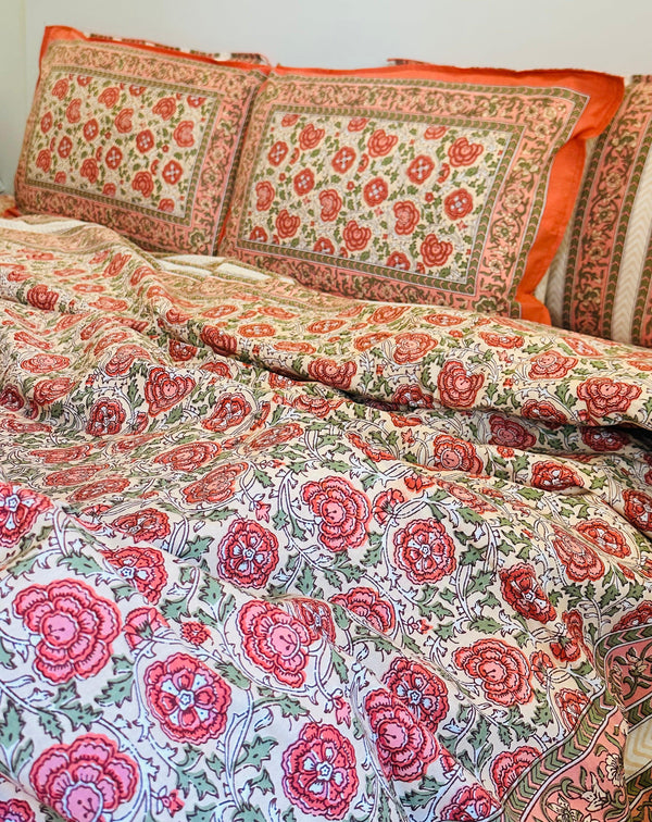 Foundation Edit Floral Kaleidoscope hand-block printed South Cotton bedsheet set by DewDropHues, featuring a vibrant botanical design and breathable heritage weave.