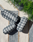 Gray set of  block printed pouches. Pigen gray with white and navy hand block print quilted.