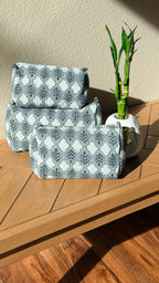 Set of three gray floral-patterned bags on a wooden surface with a bamboo plant in the background.