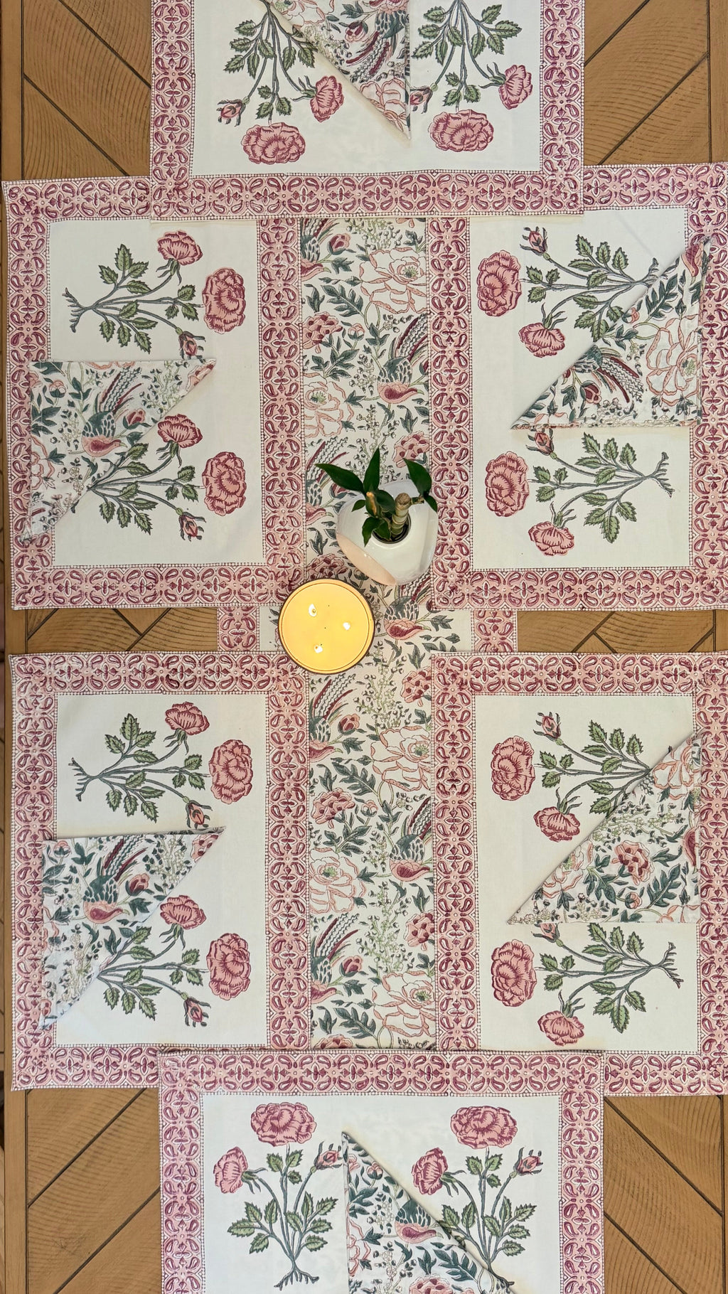 Rosey Feast Hand-Block Printed Cotton Table Runner Set (13-Piece)