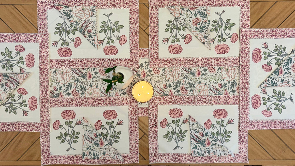 Rosey Feast Hand-Block Printed Cotton Table Runner Set (13-Piece)