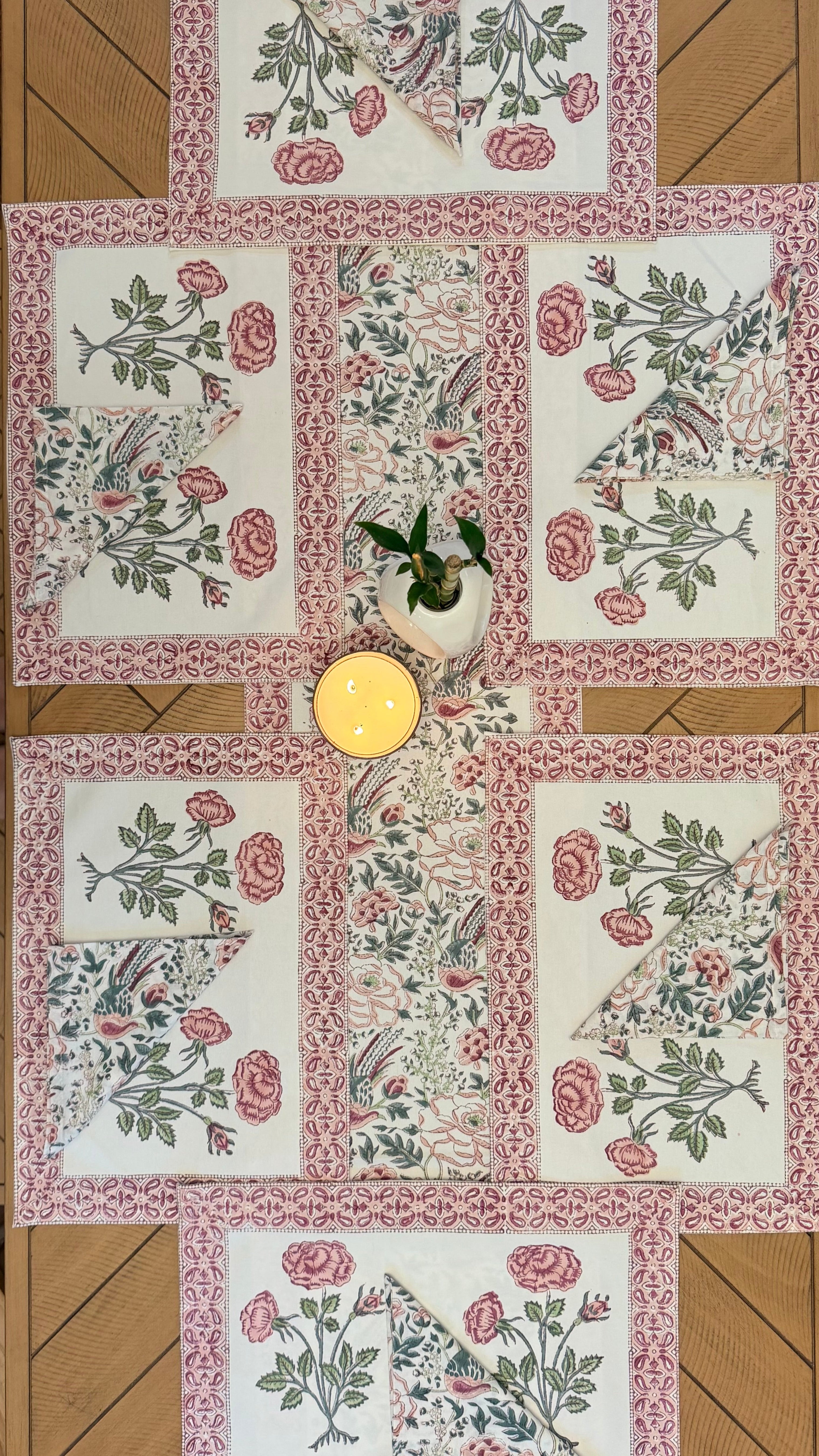 Rosey Feast Hand-Block Printed Cotton Table Runner Set (13-Piece)