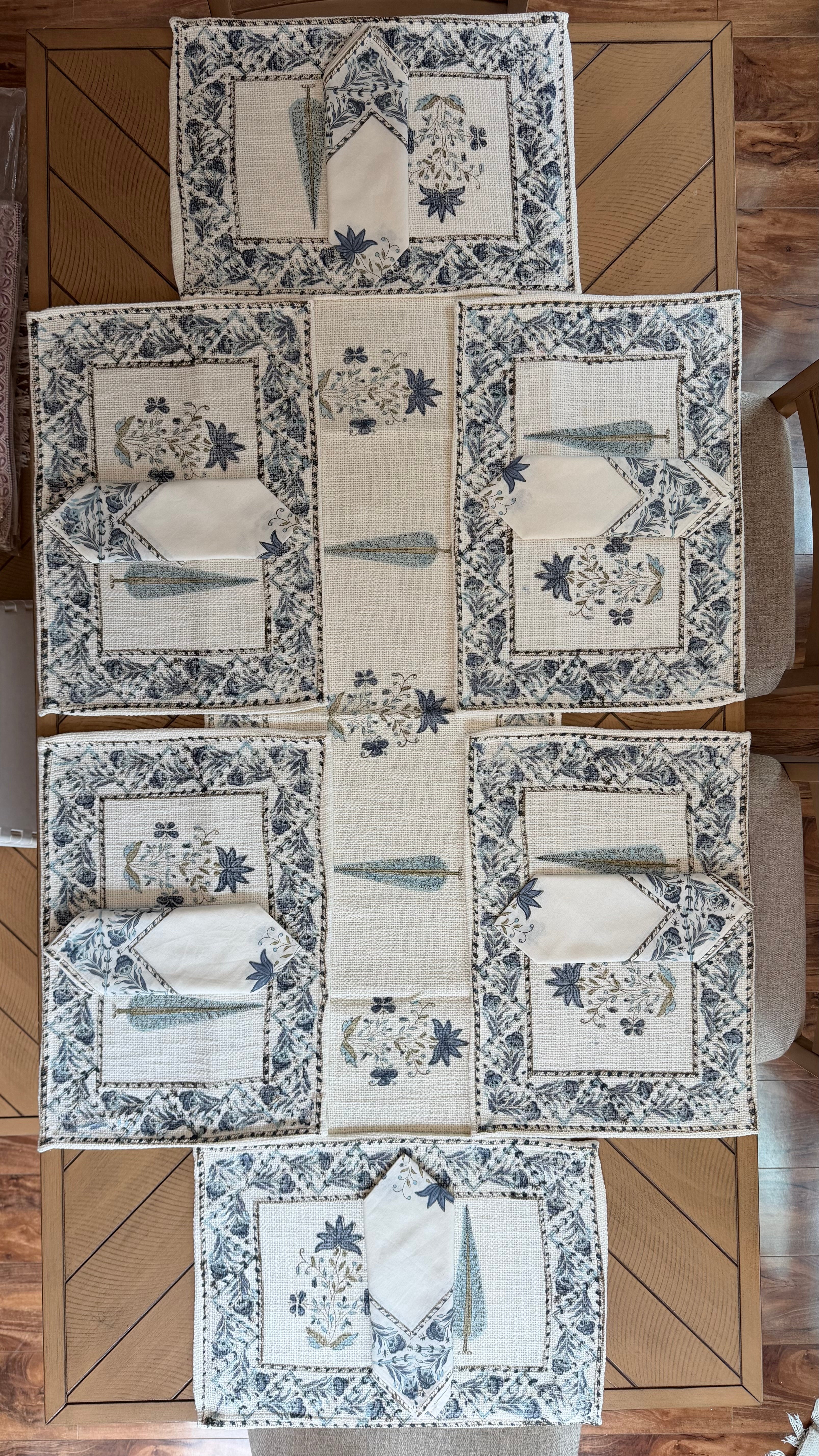 Indigo Cypress Hand-Block Printed Cotton Table Runner Set (13-Piece)