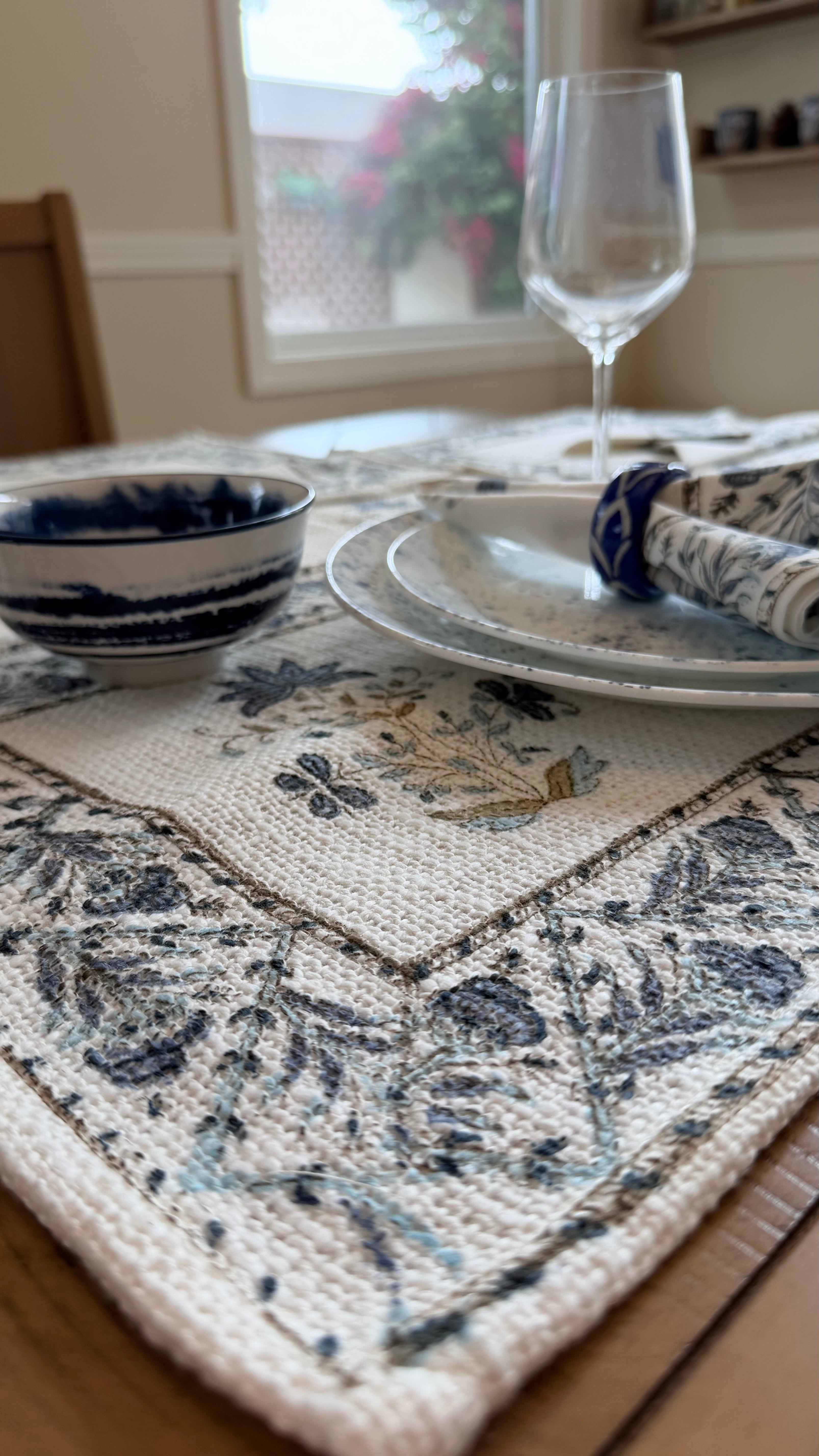 Indigo Cypress Hand-Block Printed Cotton Table Runner Set (13-Piece)
