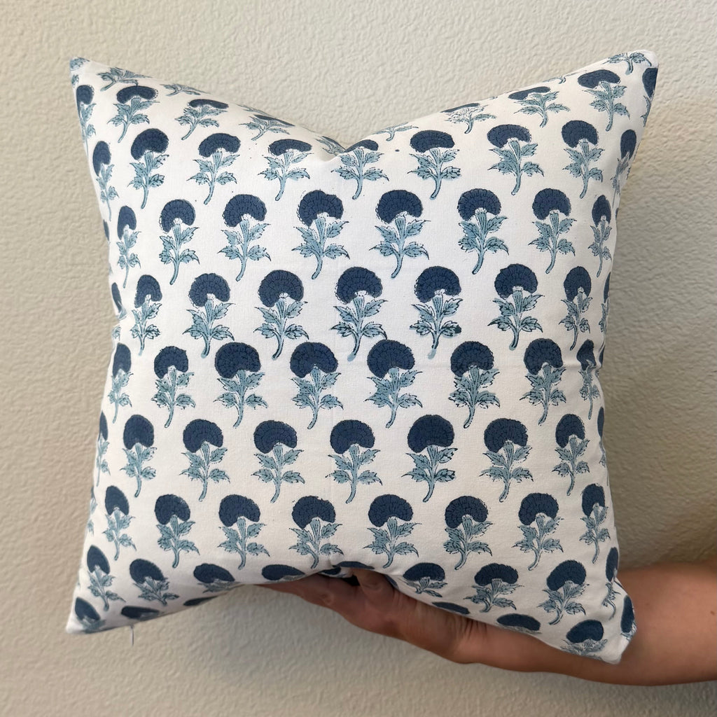 Hand Block printed throw pillow with small floral motifs in Indigo Blue on White.