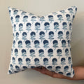 Hand Block printed throw pillow with small floral motifs in Indigo Blue on White.