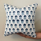 Hand Block printed throw pillow with small floral motifs in Indigo Blue on White.