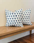 Hand Block printed throw pillow with small floral motifs in Indigo Blue on White.