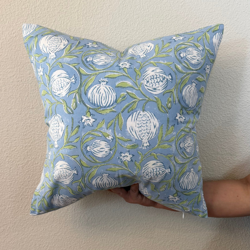 Hand Block printed throw pillow with Pomegrate vine motif in muted blues and greens.