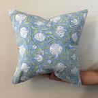 Hand Block printed throw pillow with Pomegrate vine motif in muted blues and greens.