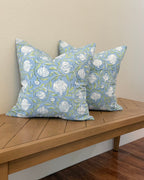 Hand Block printed throw pillow with Pomegrate vine motif in muted blues and greens.