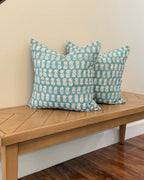 Hand Block printed throw pillow with pineapple motifs in muted blues and ochre.