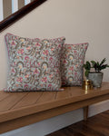 Quilted block printed, square throw pillow covers. Sage with pink and green florals.