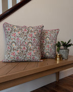 Quilted block printed, square throw pillow covers. Sage with pink and green florals.
