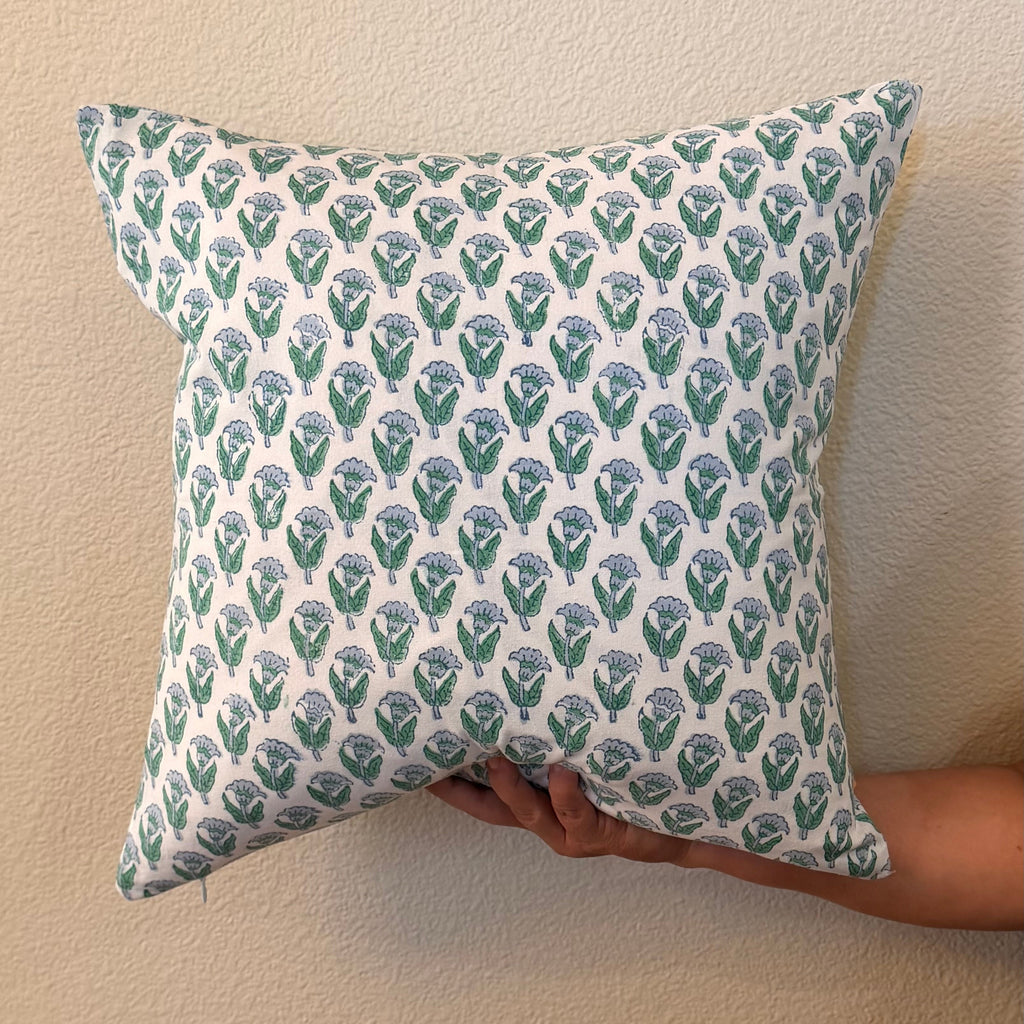 Hand Block printed throw pillow with small florals in Sage and Slate.