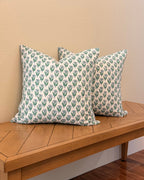 Hand Block printed throw pillow with small florals in Sage and Slate.